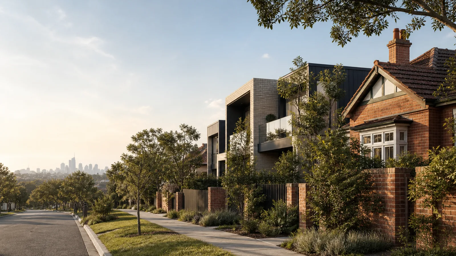 A leafy Melbourne residential street with established and contemporary homes
